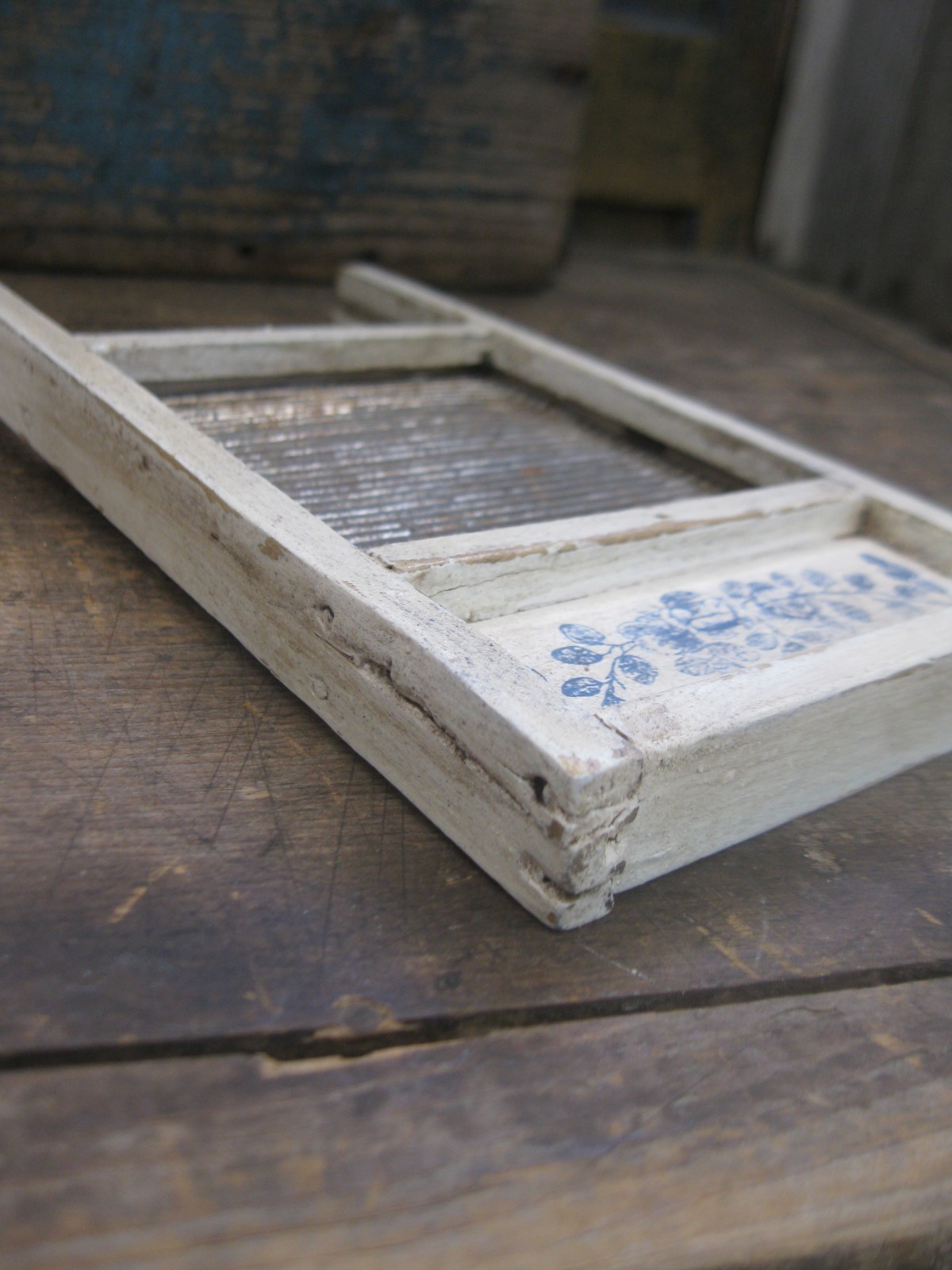 Primitive Antique Wood & Tin Toy Washboard Blue and White Paint Inlay