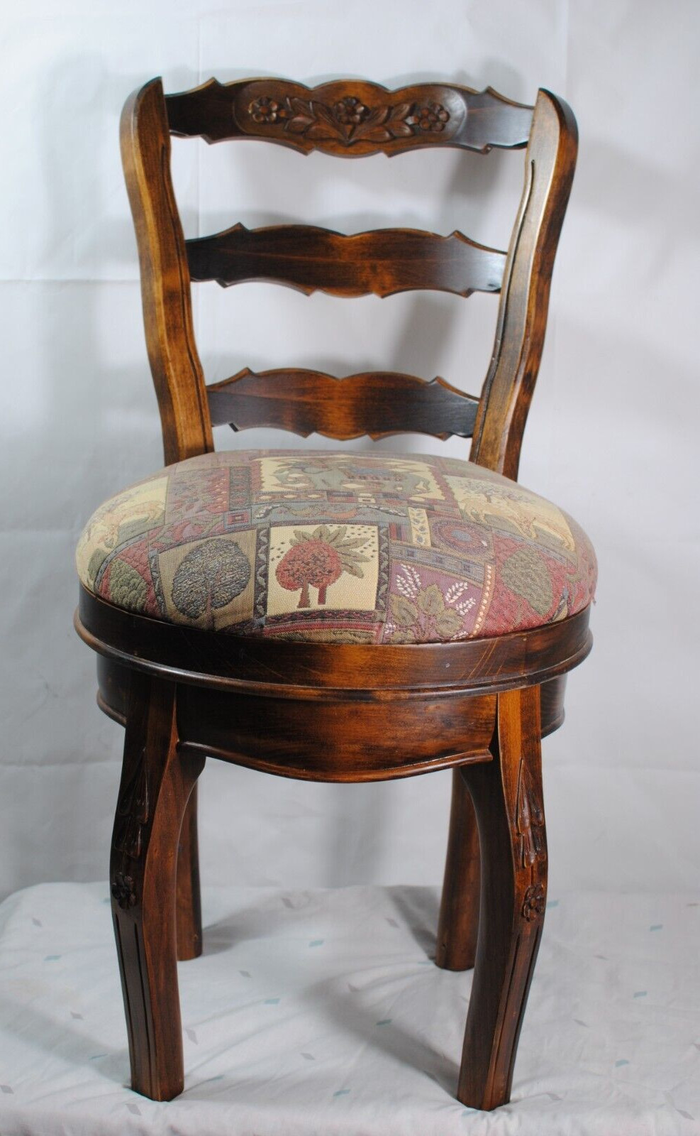 Wood Swivel Chair w Large Elephant Graphic Seat Cushion 35 in Vintage Slat Back