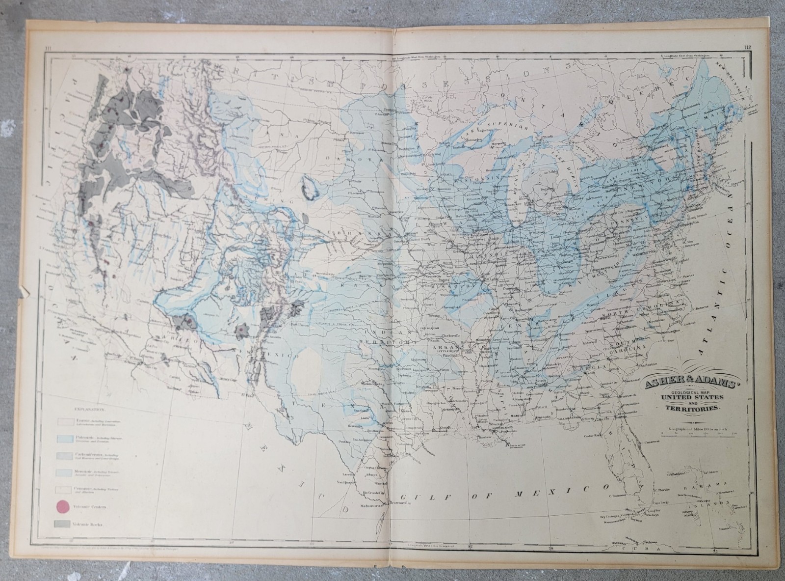 Antique 1872 ASHER & ADAMS United States and Territories Geological Map ERROR