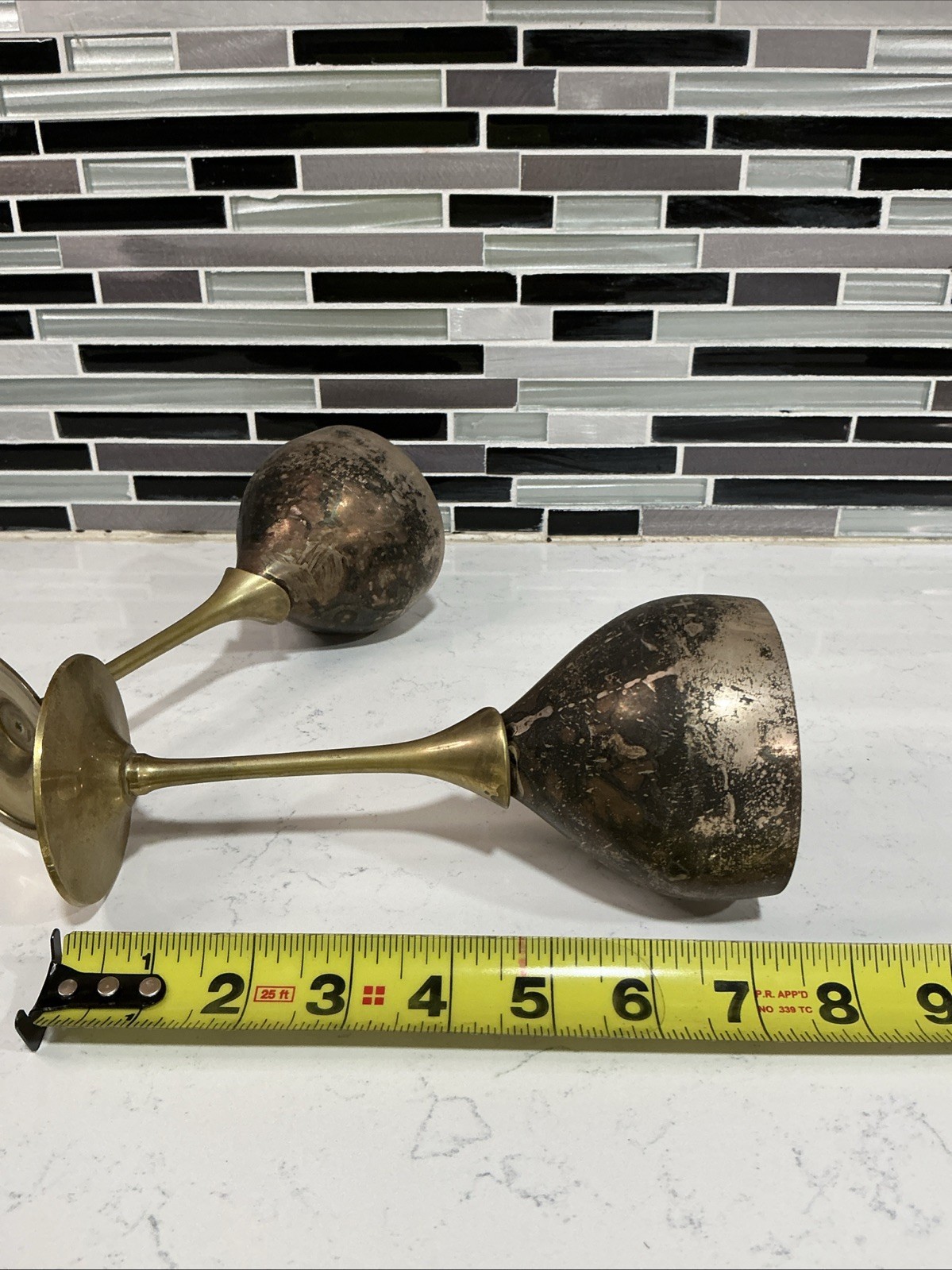 Vintage Brass Stem Goblets Pair Rustic Boho Decor Chalice Cups Candle Holders KA