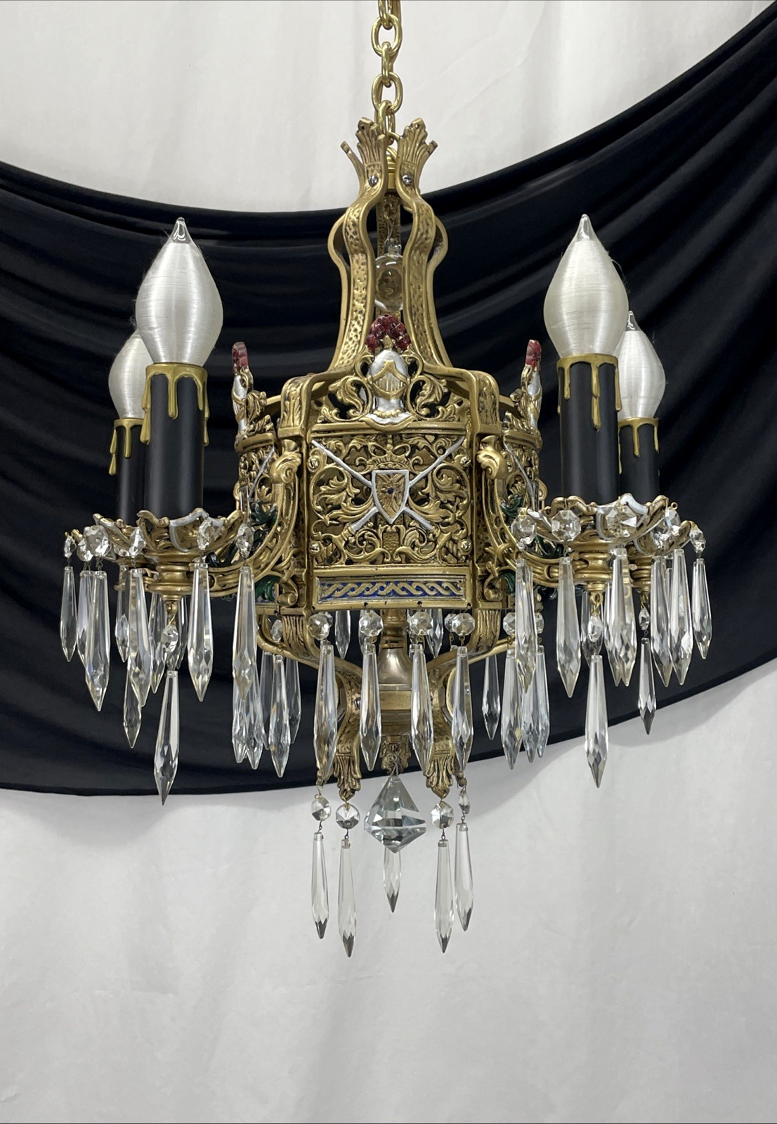 RESTORED Antique Vtg Arts Crafts Deco Polychrome Chandelier Gothic Tudor Crystal