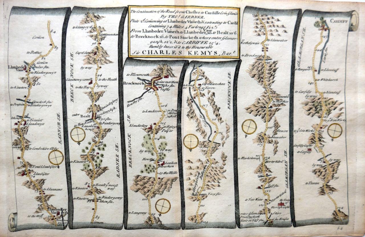 CHESTER LLANBEDR TO CARDIFF BY JOHN OGILBY REDUCED BY THOMAS GARDNER c1719