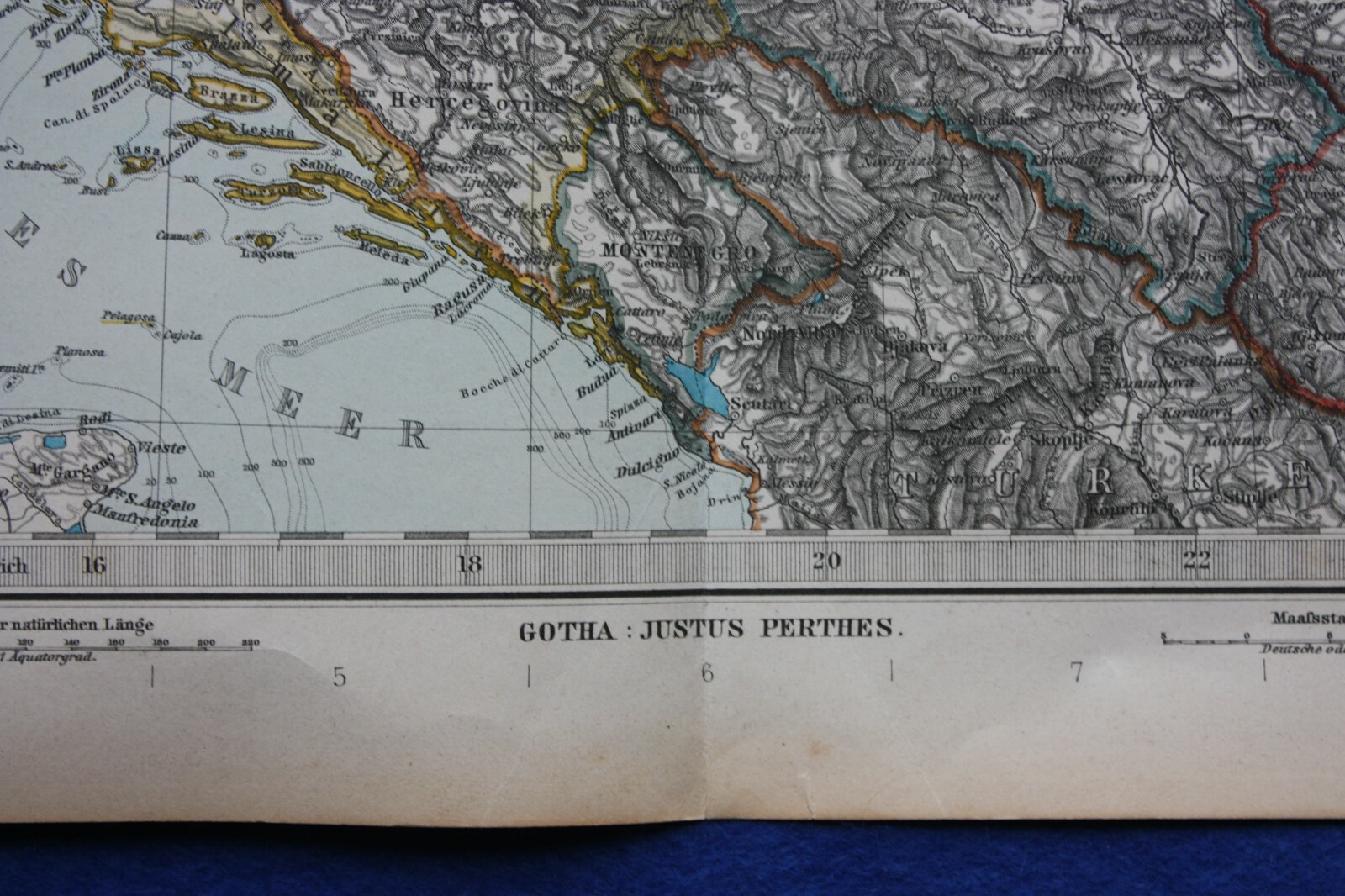 Original antique map NORTH BALKANS, CROATIA, BOSNIA, SERBIA, Stieler, 1891