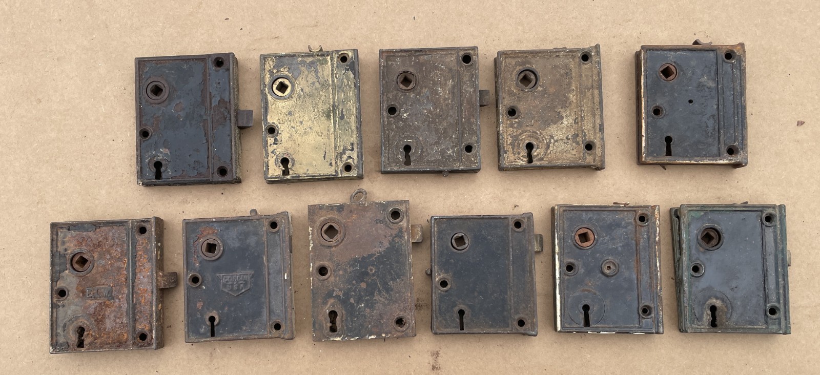 OUTSTANDING Lot of (11) Antique DOOR RIM LOCKS Cast Iron Locks Applied on door