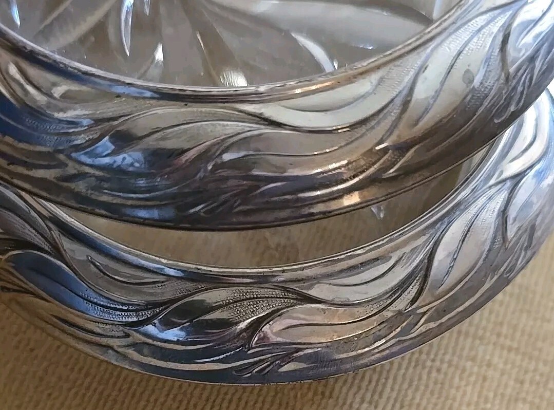 Vintage Pair Frank Whiting Sterling Silver Ornate Wavy Leaf & Glass Coaster Dish