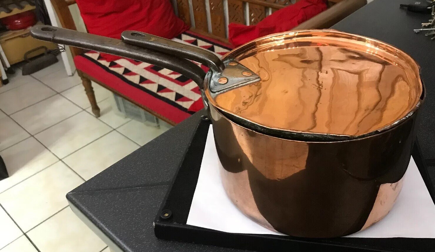 Antique 19thC Very Large Copper Saucepan Pot Pan With Lid 2mm Thickness