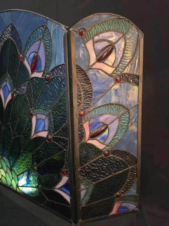 Antique Unique Handmade Peacock Stained Glass 20″ Tall Fireplace Front
