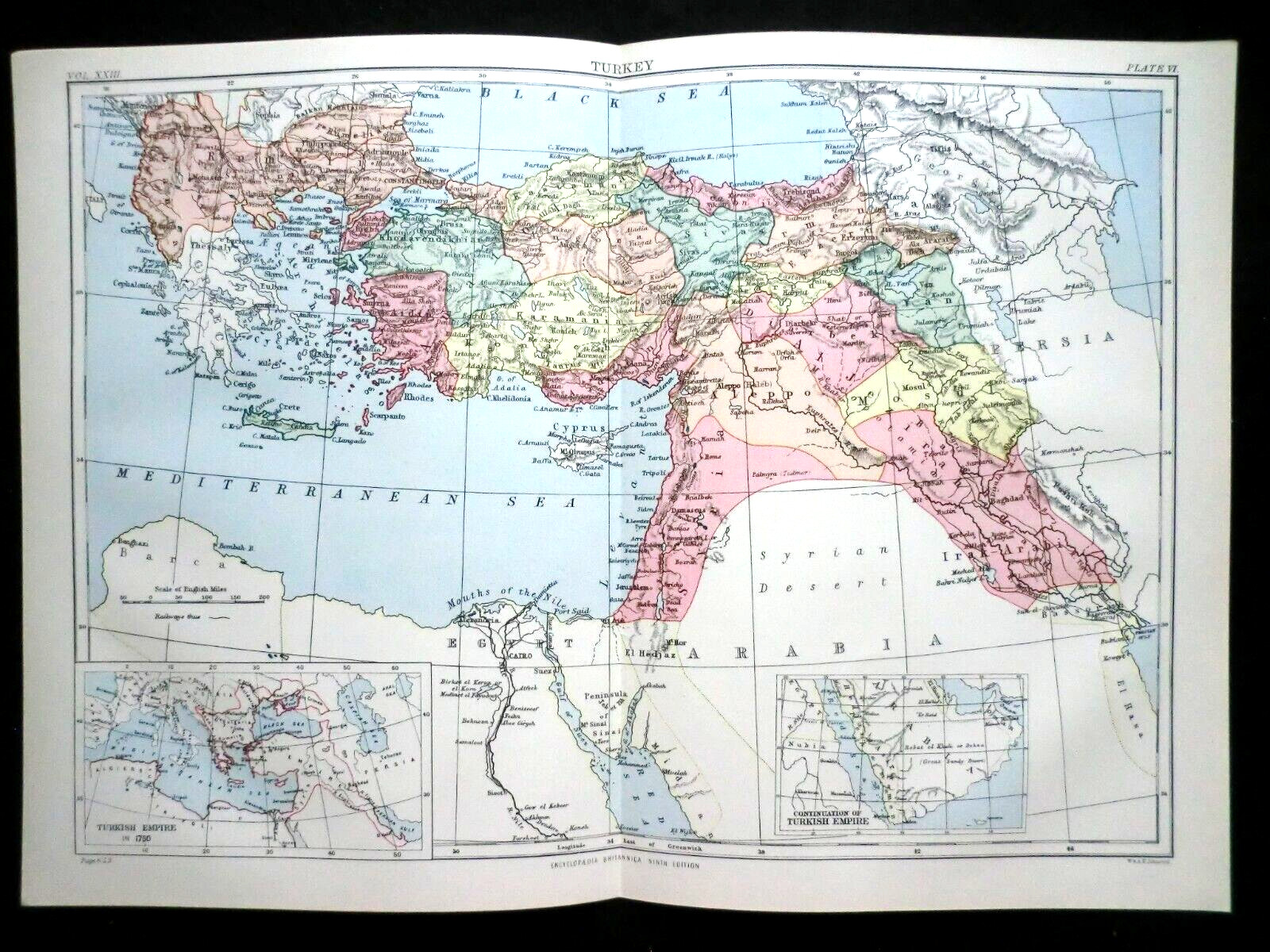 Original Victorian Colour Map of Turkey (1888) Ex Britannica 9th Ed, Europe