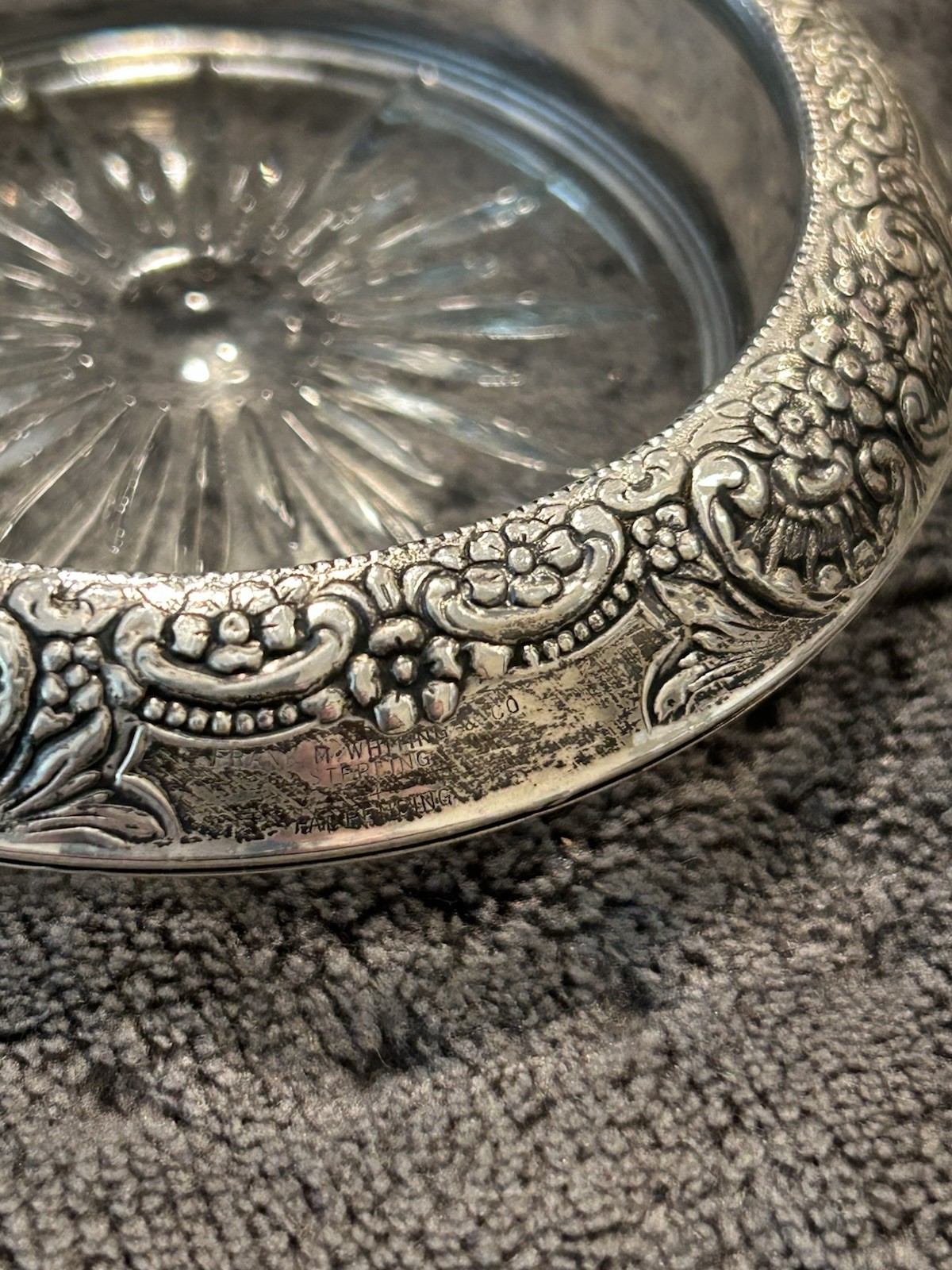 Vintage Botticelli Pattern Frank M Whiting Sterling Silver Glass Coasters. Two.