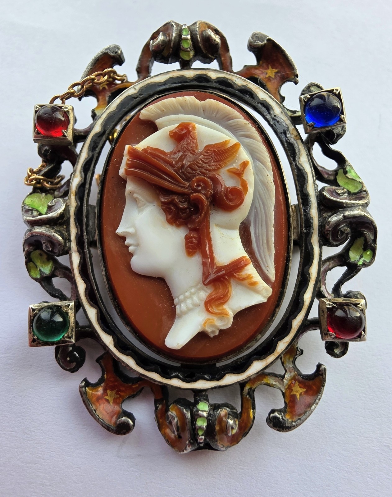 Unusual 19thc Sardonyx hardstone cameo and enamel brooch