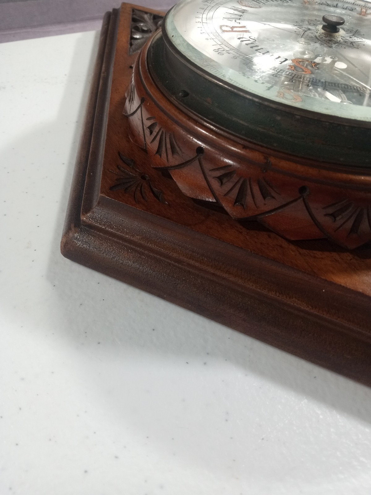 Rare Antique Scottish Barometer Motherwell Scotland Wiseman Carved Inlaid Wood