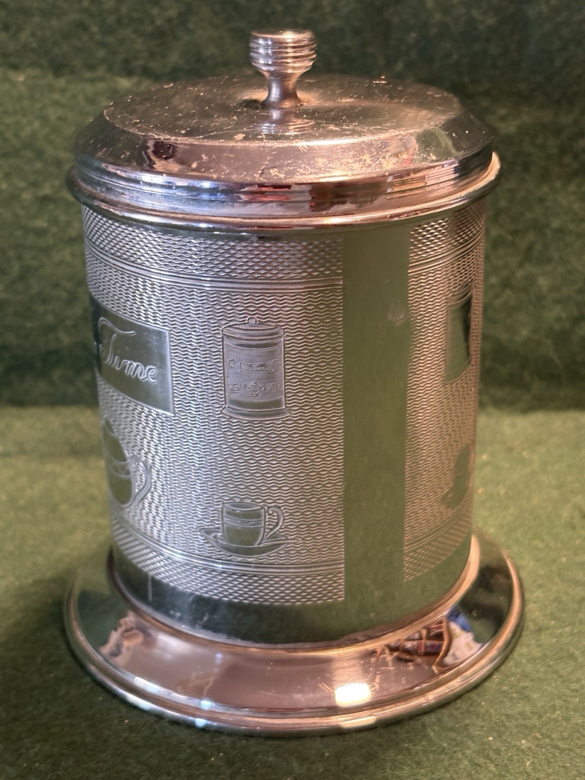 Vintage Tea Time Tea Caddy Chrome Plated & Engraved 4-1/2″ Tall