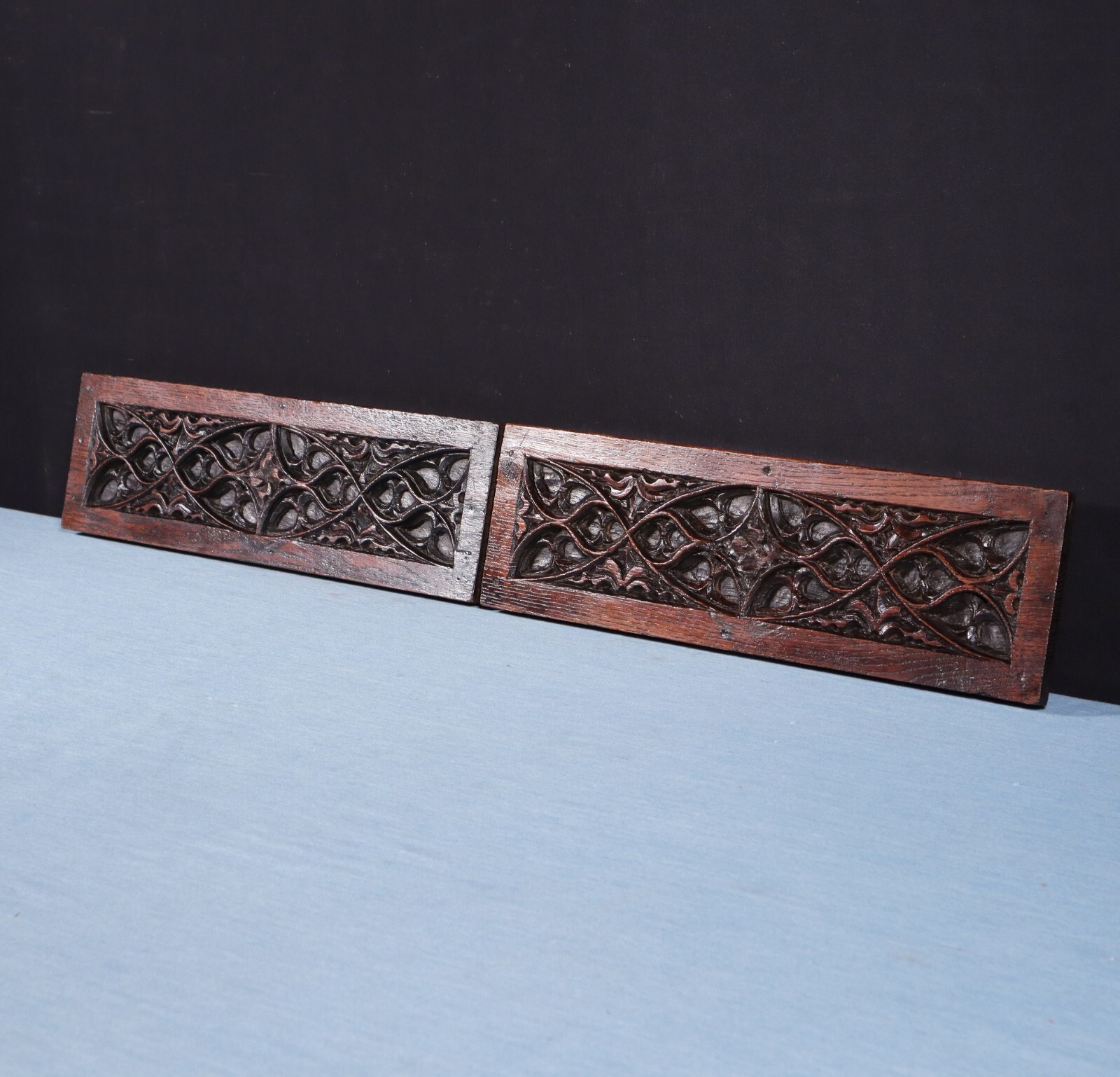 Pair of Antique Neo Gothic Carved Drawer Panels/Trim in Solid Oak Wood