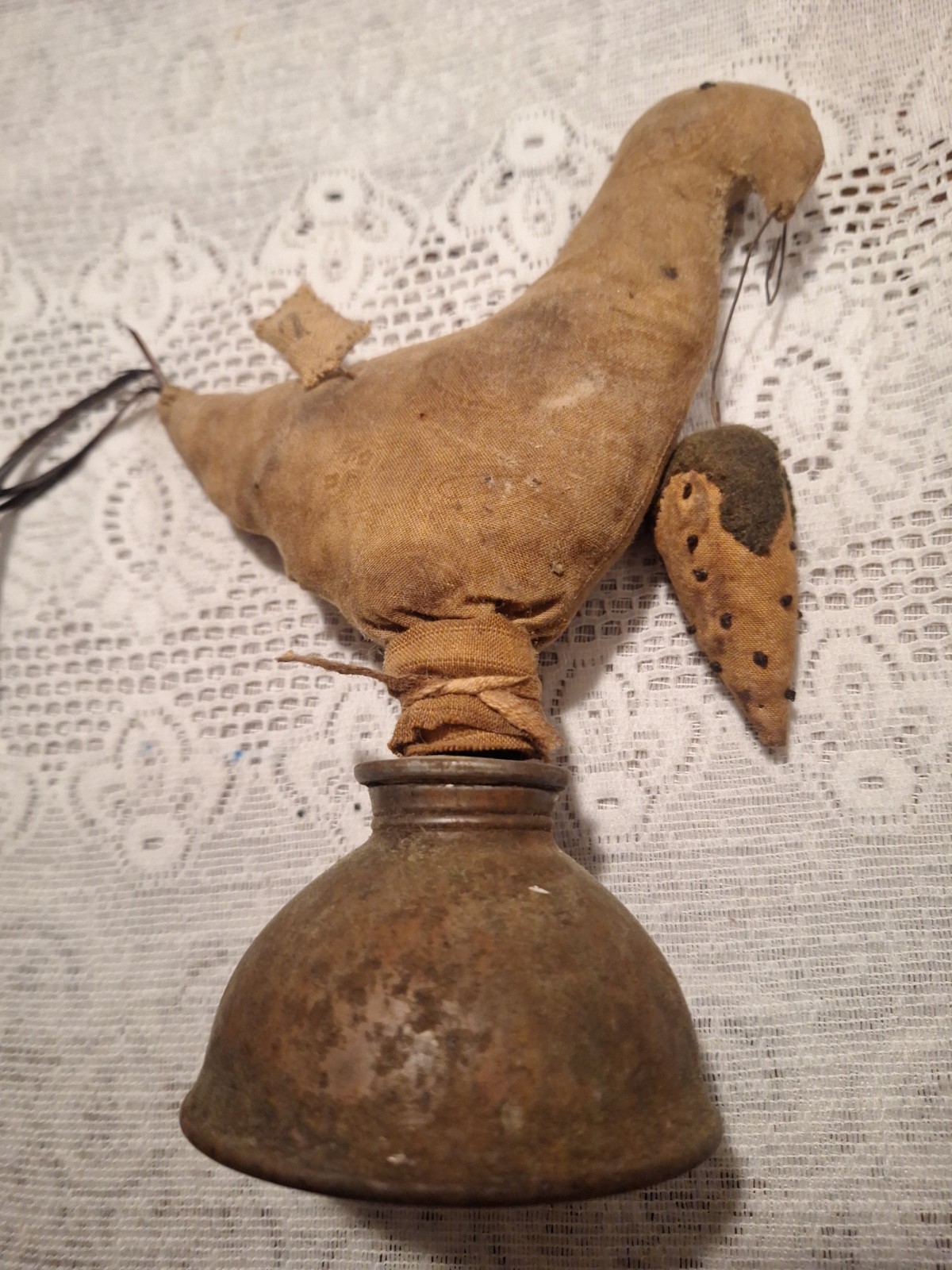 Primitive Handmade Fabric Bird with Strawberry on Metal Base