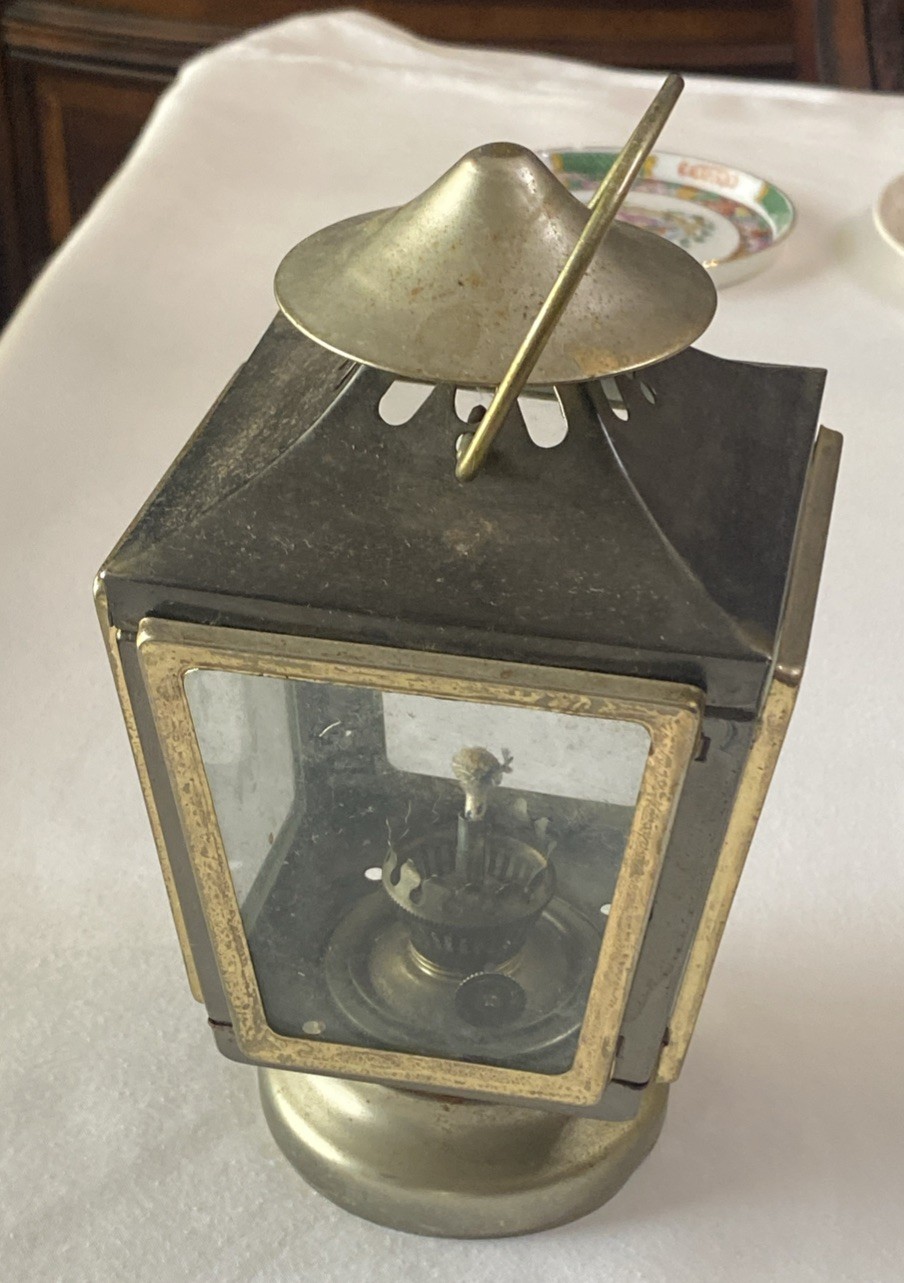 Vintage Kerosene Lamp Maritime Oil Lantern Four Glass Panels Brass Frame Works