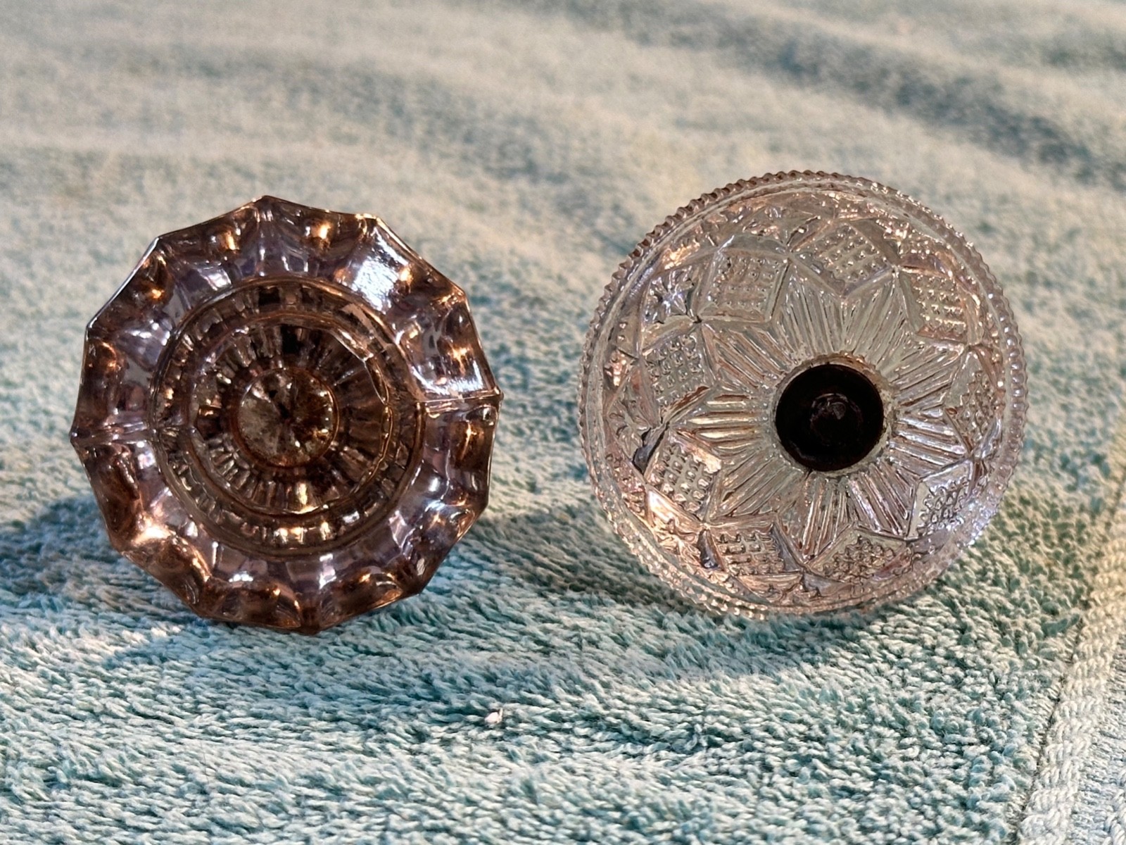 Pair of Antique 2″ Dia Pressed Clear Glass Door Knob Handles Brass & Stem