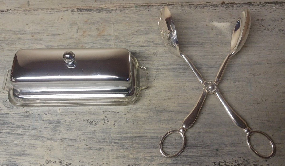 EP ZINC Embossed Silverplate Serving Tong & Silver Glass Bottom Butter Dish