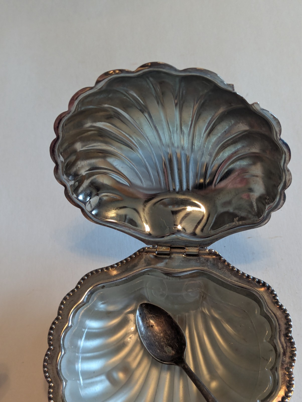 Antique Hinged Clam Shell Silver Plate Caviar Butter Dish With Glass Insert