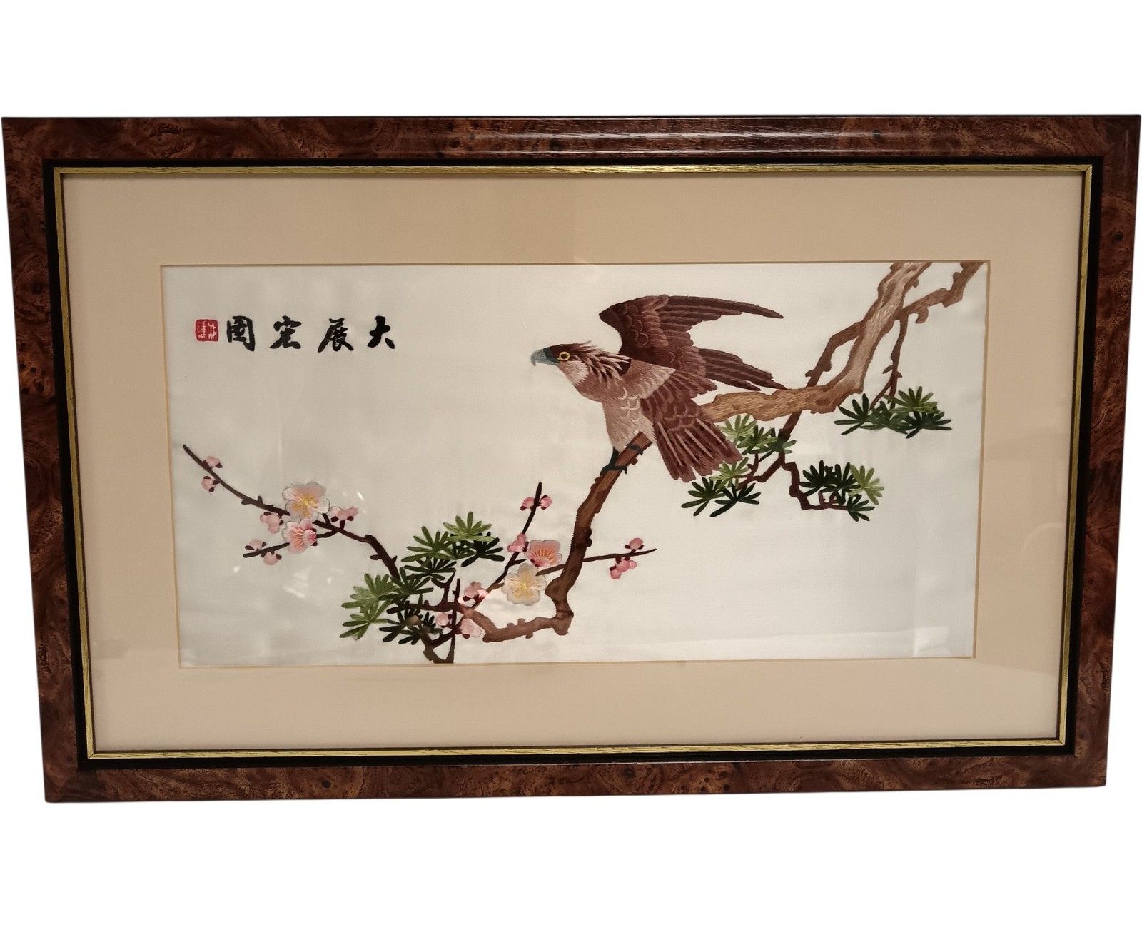 Chinese Embroidered Silk Artwork Bird and Blossoms Framed Textile 55 cm Preloved