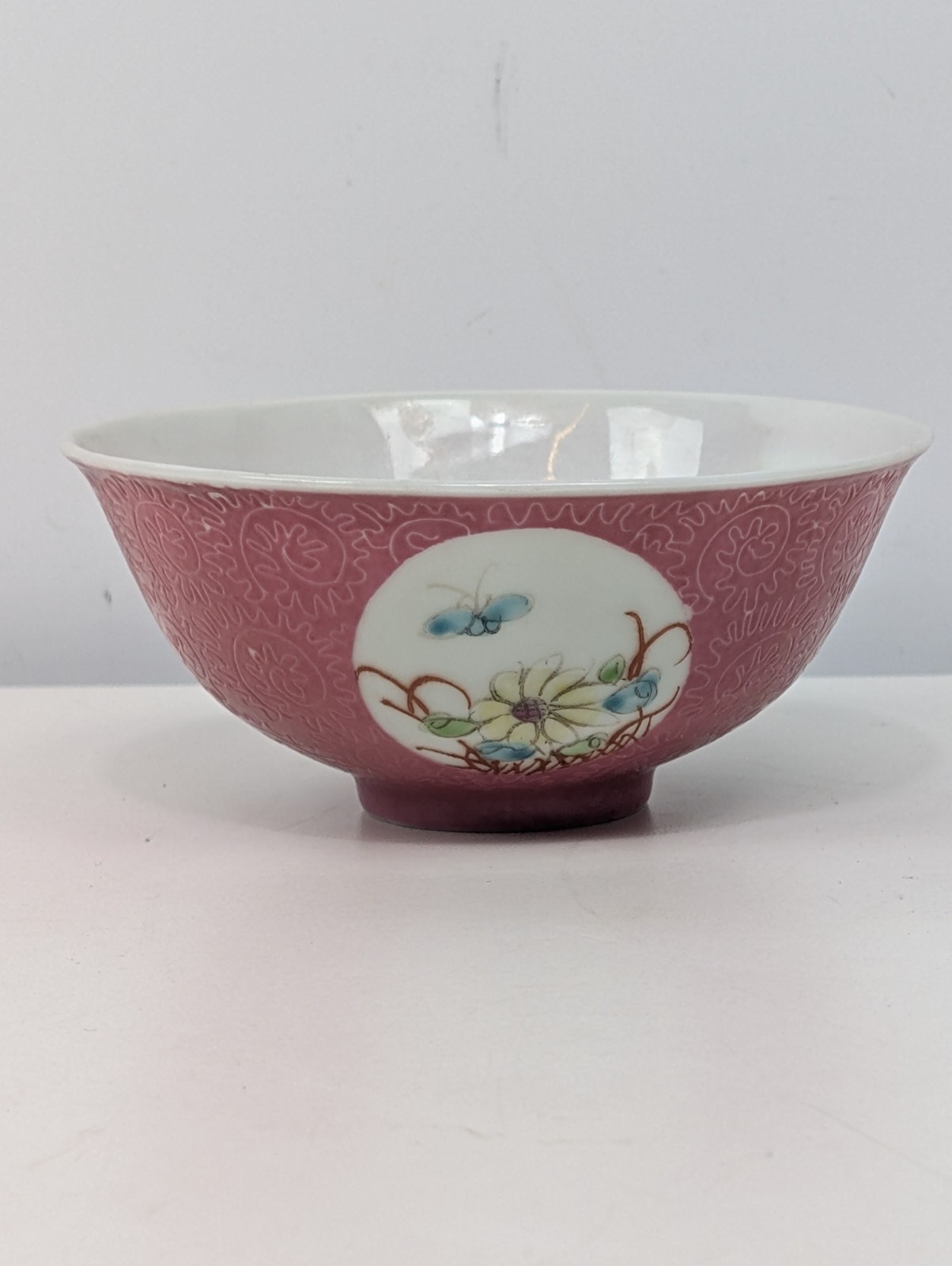 Vintage Chinese Sgraffito Style Pink Ground Peach Bowl Floral Porcelain