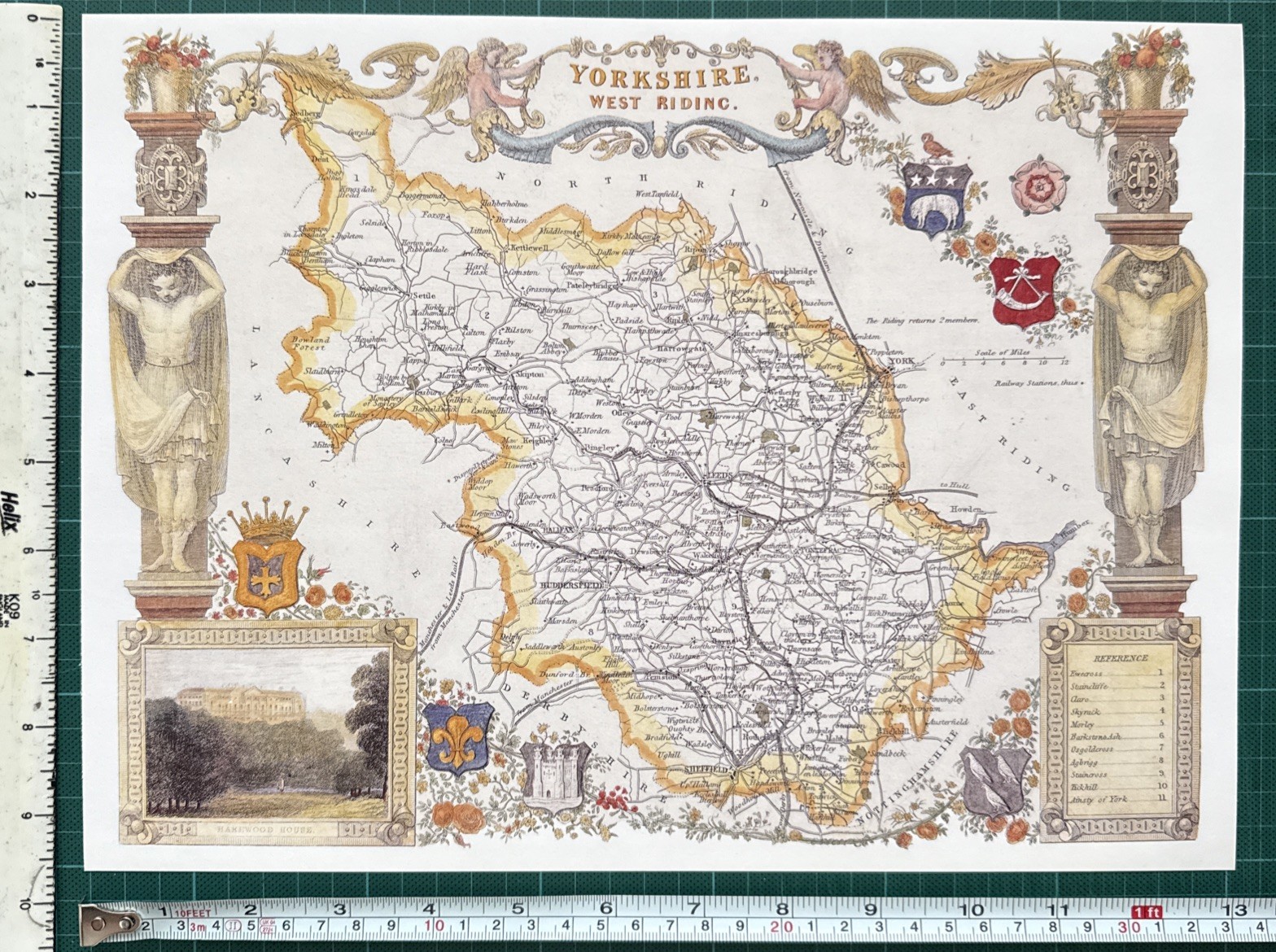 Old Antique Victorian map West South Yorkshire , England: 1830’s: Moule Reprint