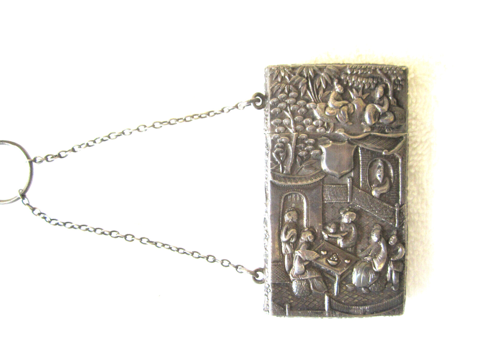 Antique Chinese Export Silver Card Case Holder Box With Chain Excellent Conditon
