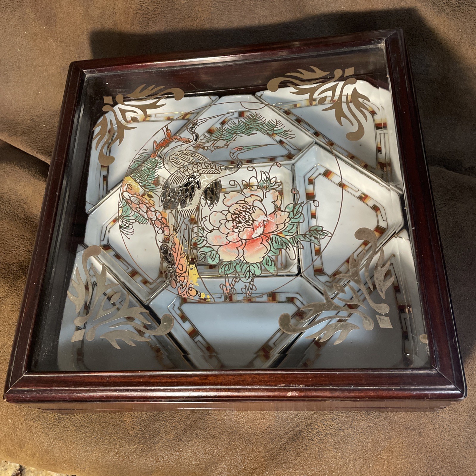 Antique Chinese Porcelain Sweet Meat Set 9 Pieces, Lacquer Box