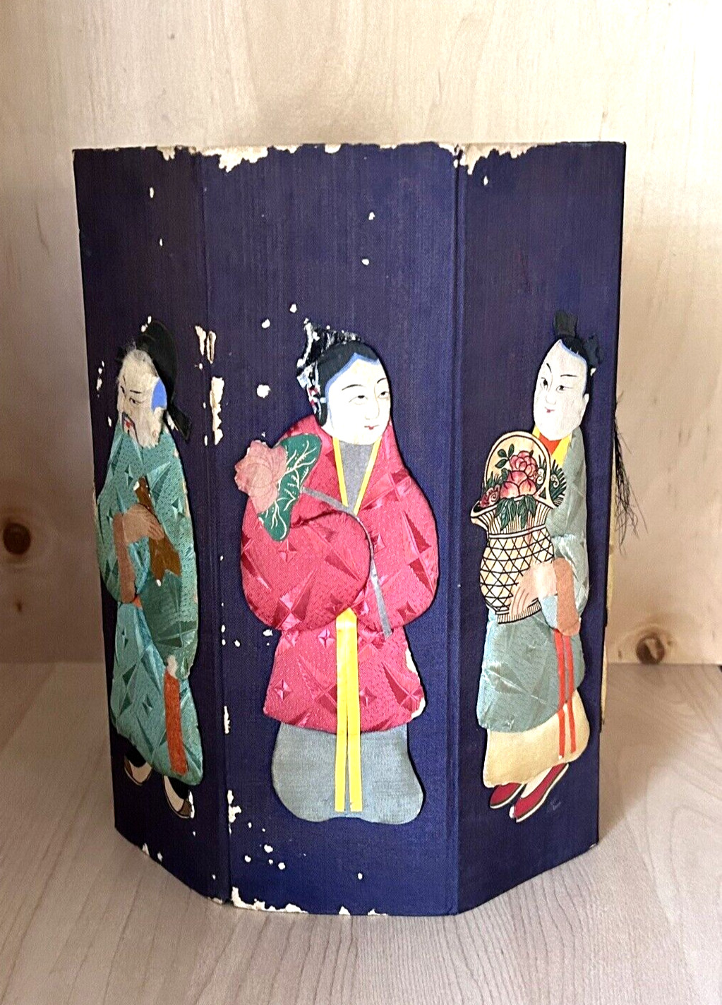 Vintage Chinese Immortals Silk Figures Folding Waste Paper Basket Hong Kong