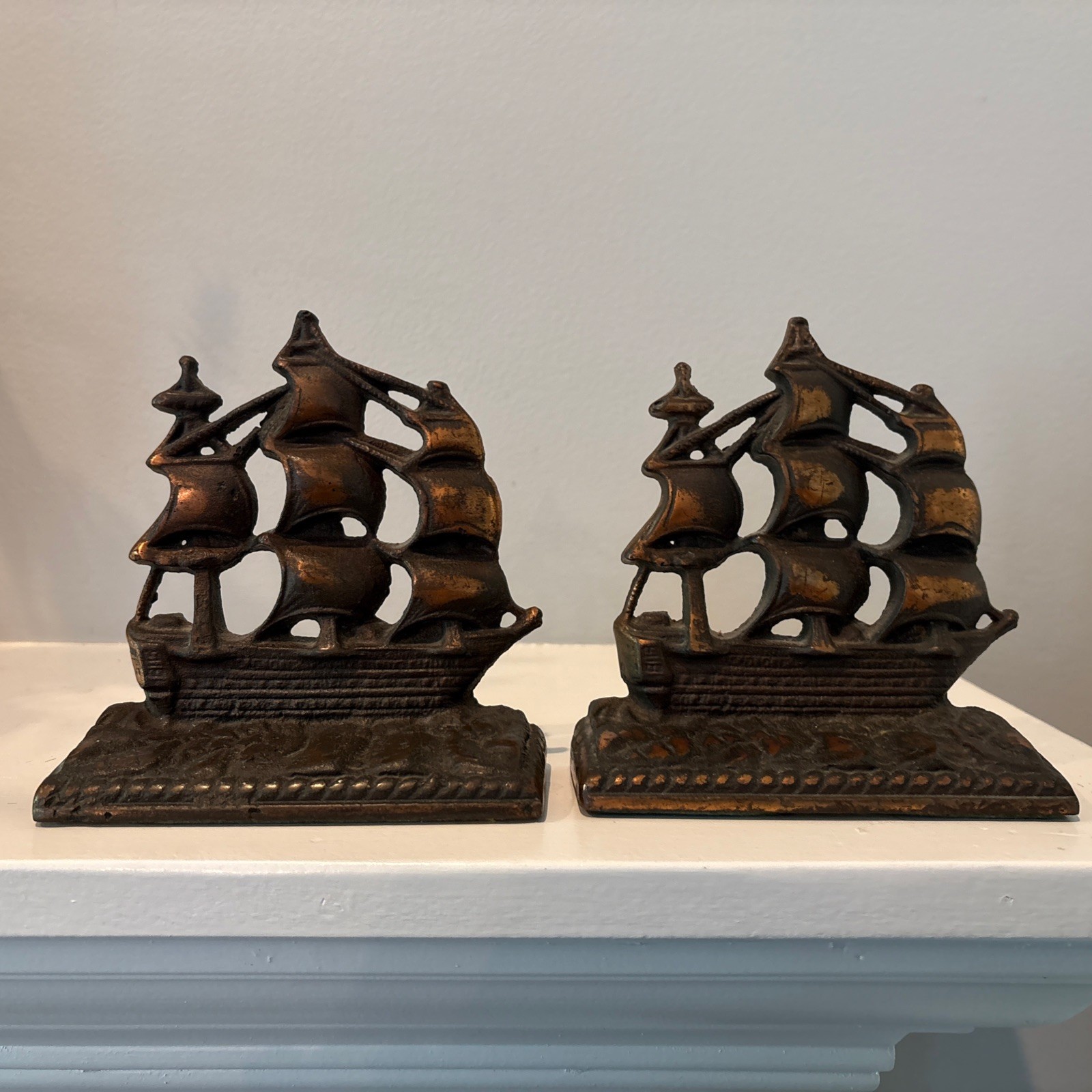 Vintage (2) Cast Iron Bronze Old Ironside USS Constitution Sailing Ship Bookends