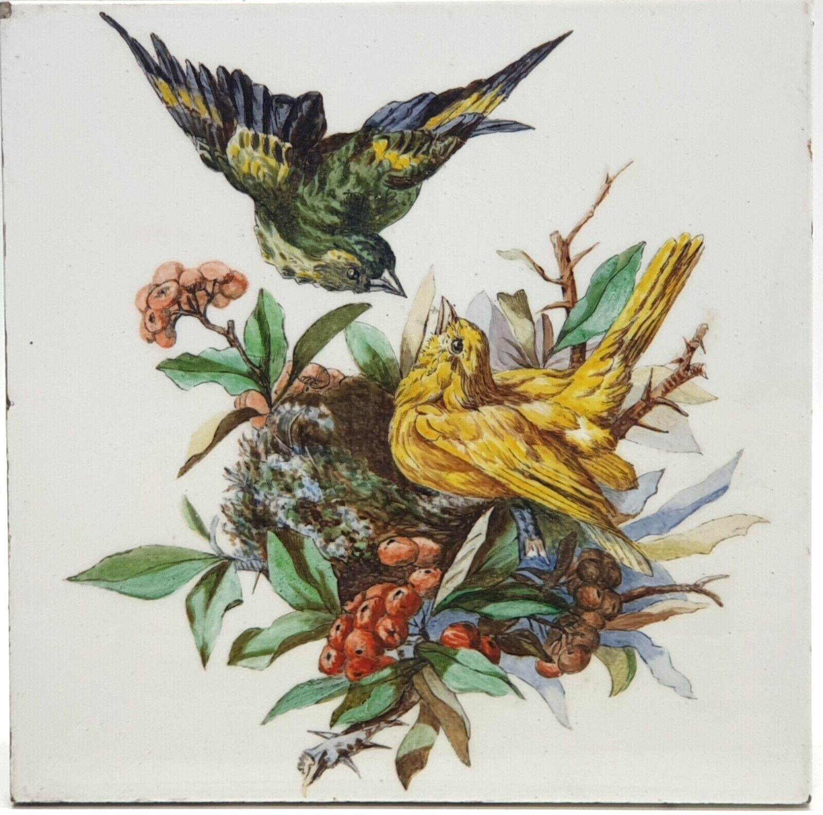 Antique 8″ Hand Painted Tile Birds & Floral Design by Minton Hollins & Co C1900