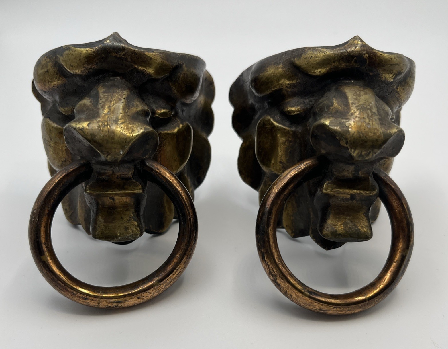 Pair Vintage Brass Lion Head Ring Pulls Angled Mount Slant Front Desk Hardware