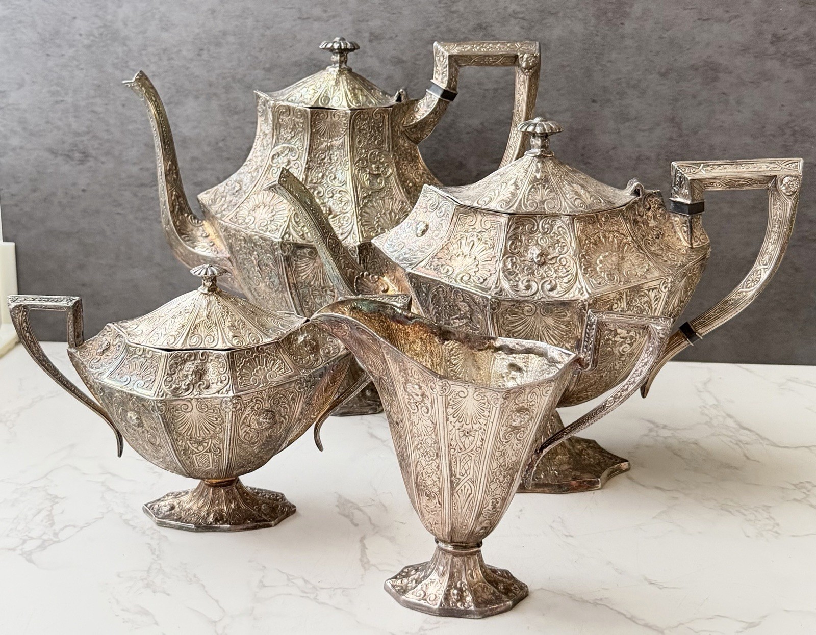 Antique International Silver Co. 3176 Barbour S.P. Co. Repousse Coffee Tea Set 4