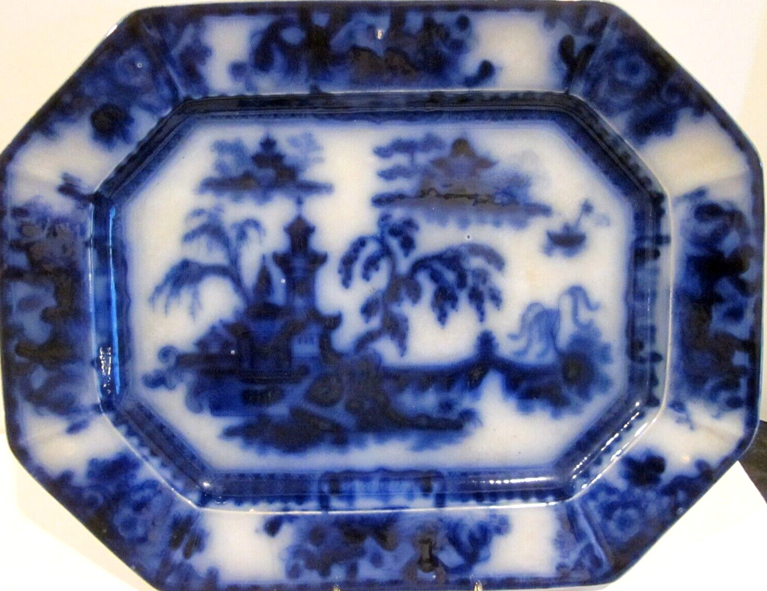 ANTIQUE FLOW BLUE LARGE PLATTER PELEW PATTERN 17 3/4″ E. CHALLINOR ~1840’S