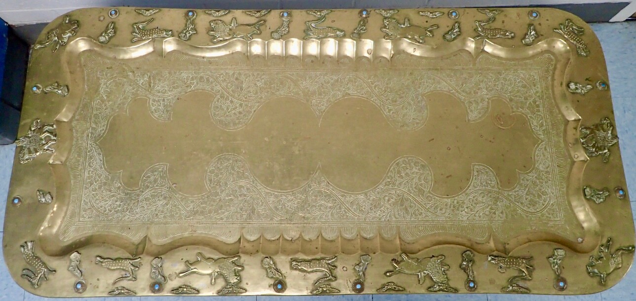 MCM Ornate Brass Tray Table w/ Spider Leg Base 47×23 Raised Animals Border Boho