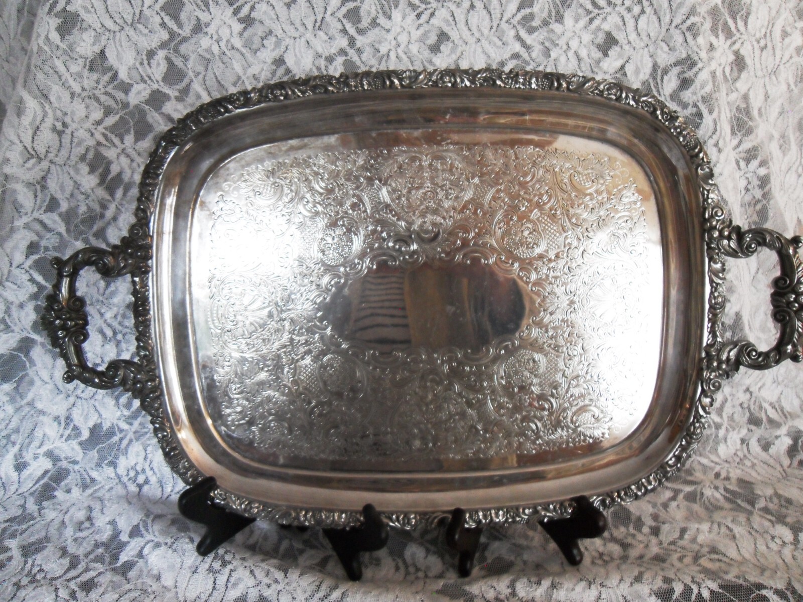 ANTIQUE ELLIS BARKER FOOTED SILVER PLATE TRAY, RECTANGULAR 20 “