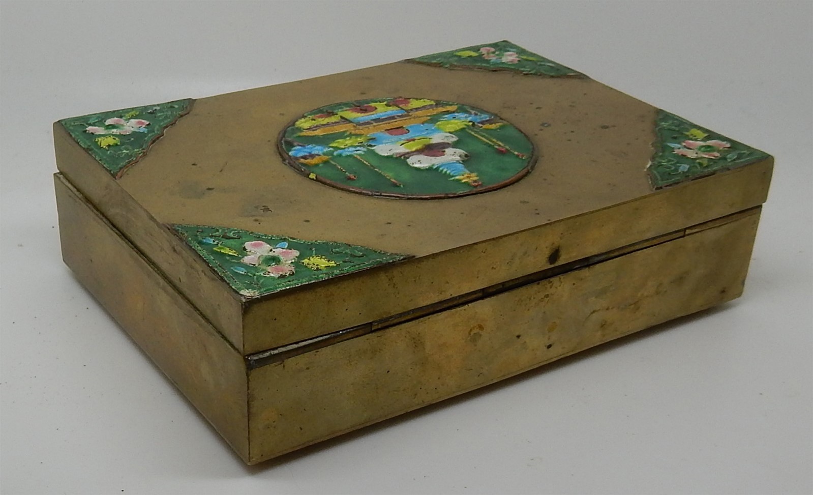 Antique / Vintage Chinese Repousse Enamel Brass Cigarette Box