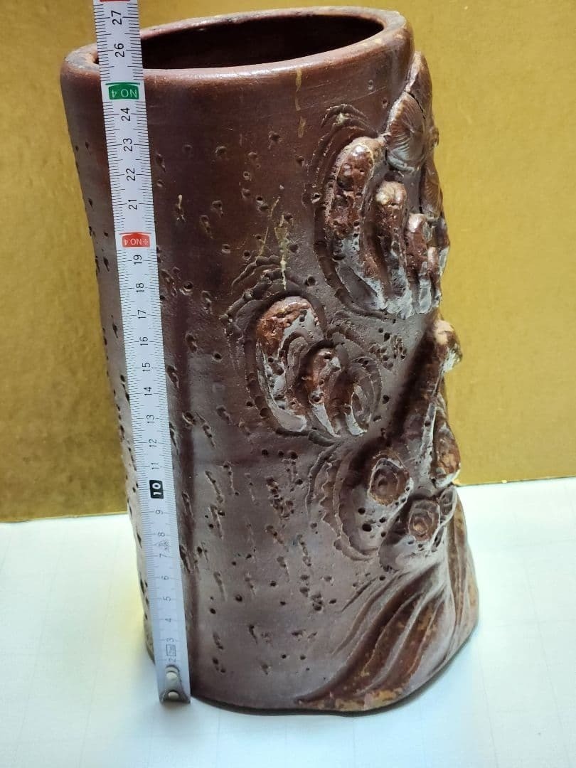 Antique Bizen Pottery Vase Relief Edo 19th Century Japanese Jar Vessel 9.8 inch