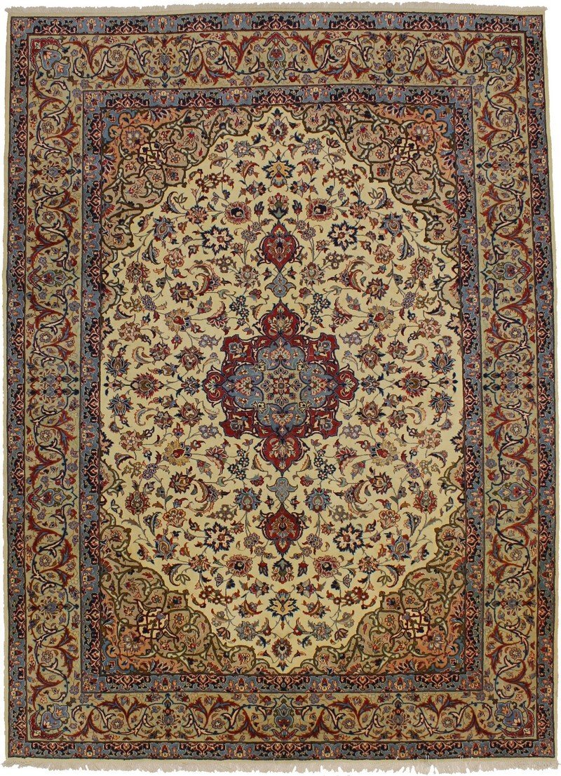 One-of-a-Kind Vintage Cream Oriental Rug Handmade Dining Room Carpet 9X12 ft