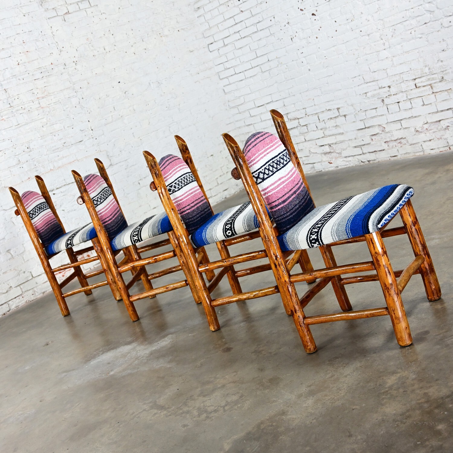 Rustic Natural Log Frame Dining Chairs Traditional Serape Blanket Upholstery
