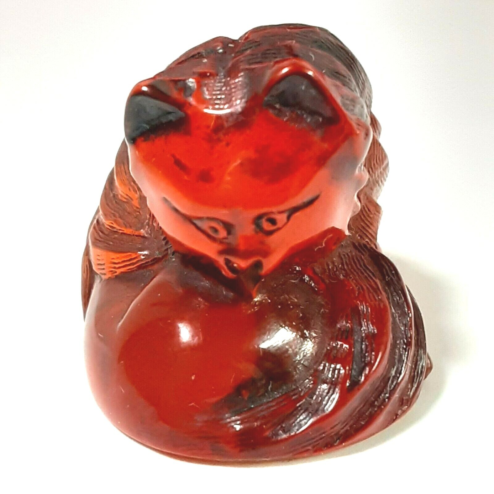 Vintage Netsuke Faux Translucent Amber Cat Figurine Signed