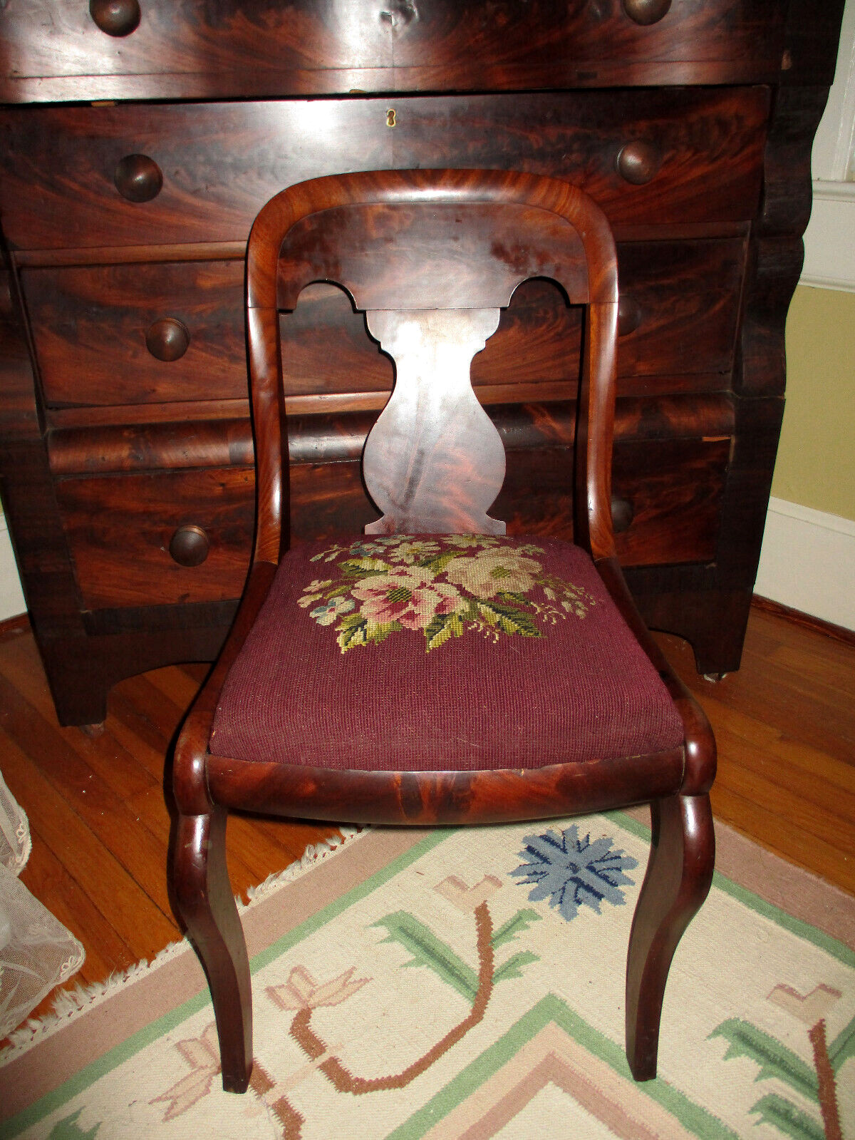 Antique Empire Flame Mahogany Accent Chair with Needlepoint Seat