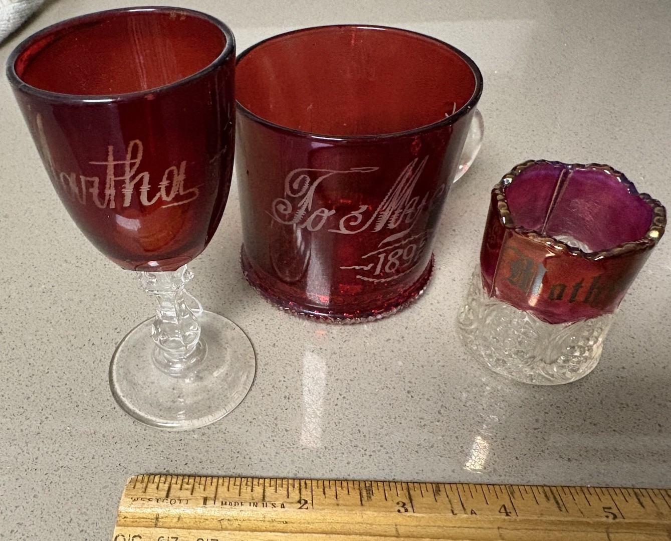 Lot 3 Ruby Glassware Etched Mother Martha Aunt RARE Small VICTORIAN