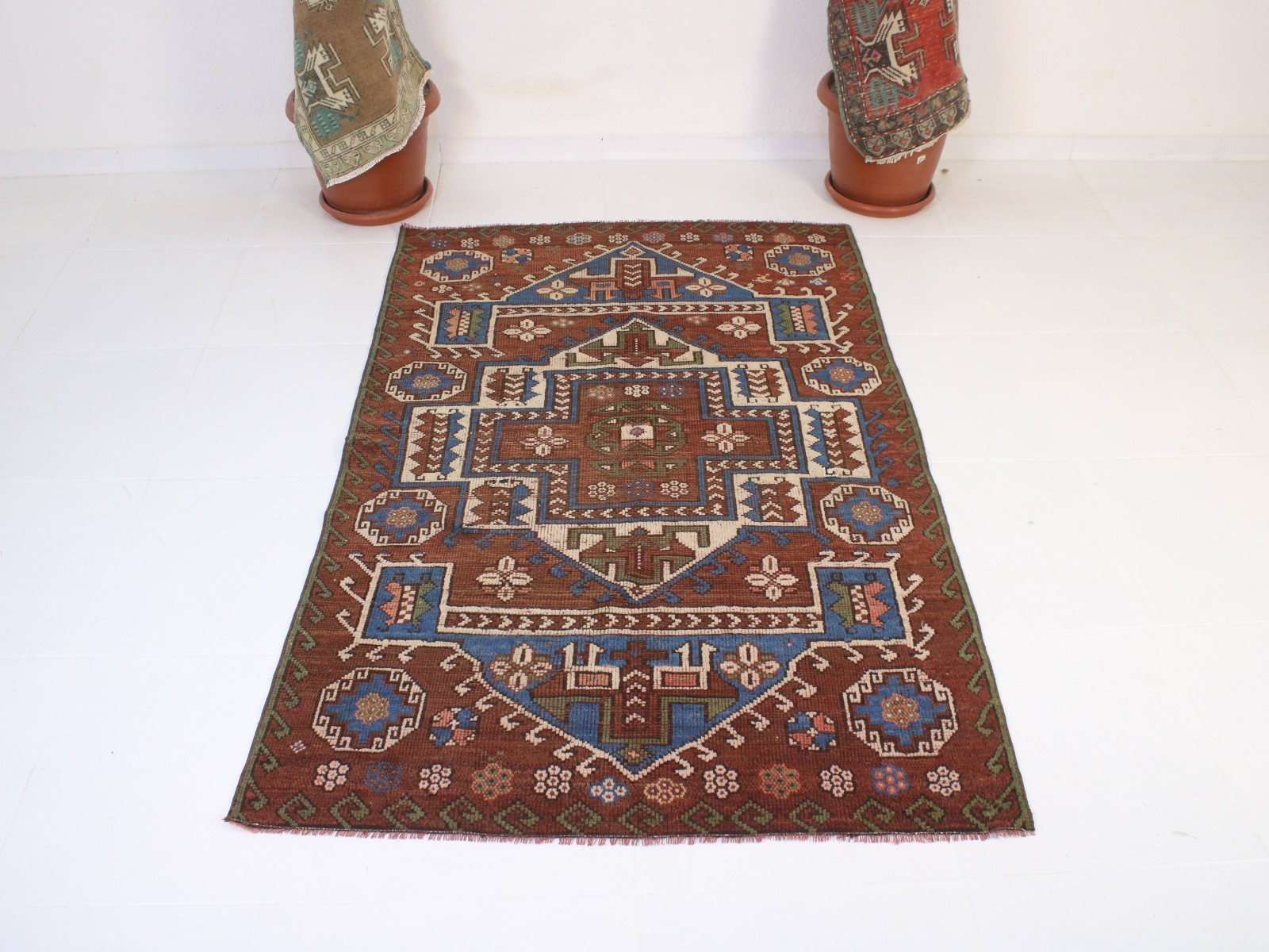 Vintage Turkish Area Rug 4×6 ft | Handmade Wool Red Blue Rug | 126×189 cm