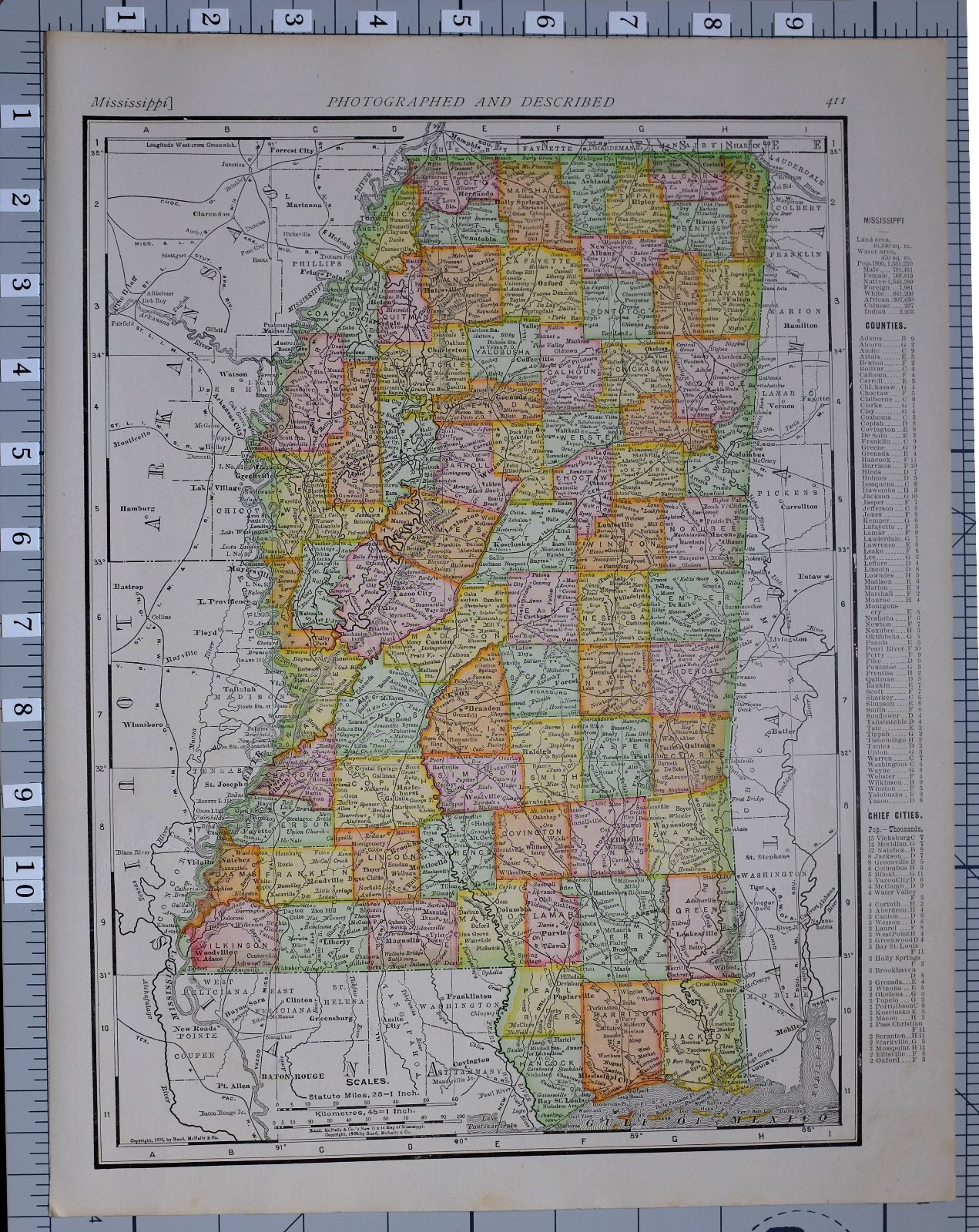 1906 MAP UNITED STATES MISSISSIPPI COUNTIES & CITIES VICKSBURG NEWTON PANOLA