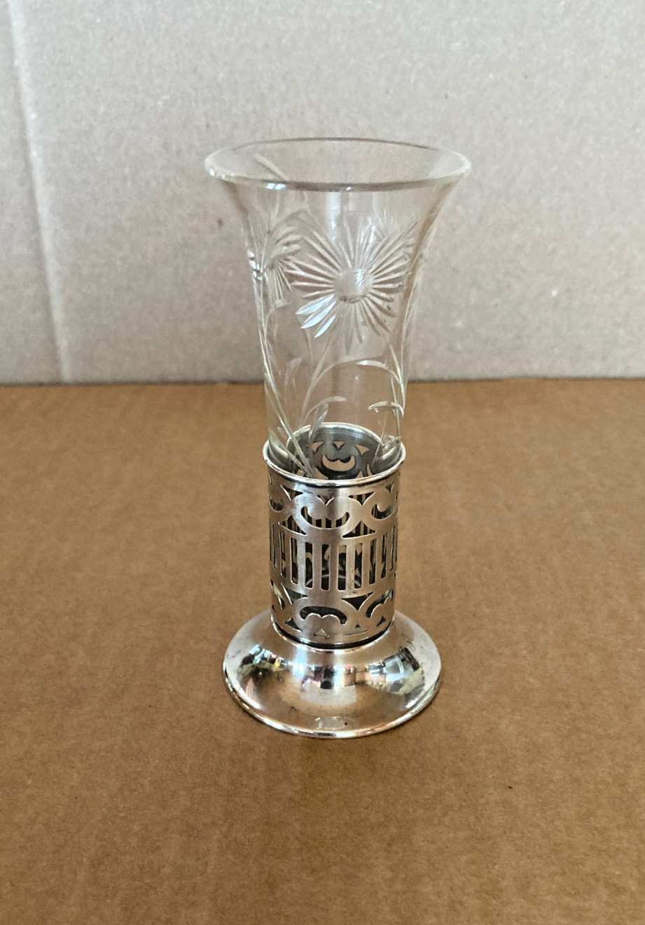 Antique WEBSTER CO hallmarked Sterling / Cut Glass 4-3/4″ Bud Vase, Circa 1910