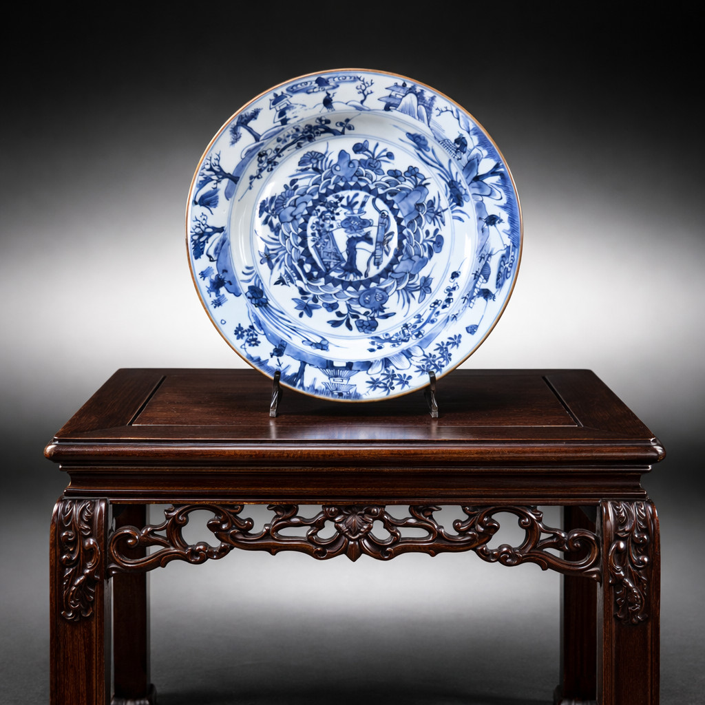 Chinese blue & white porcelain plate with domed centre, Kangxi (1662-1722) 18th