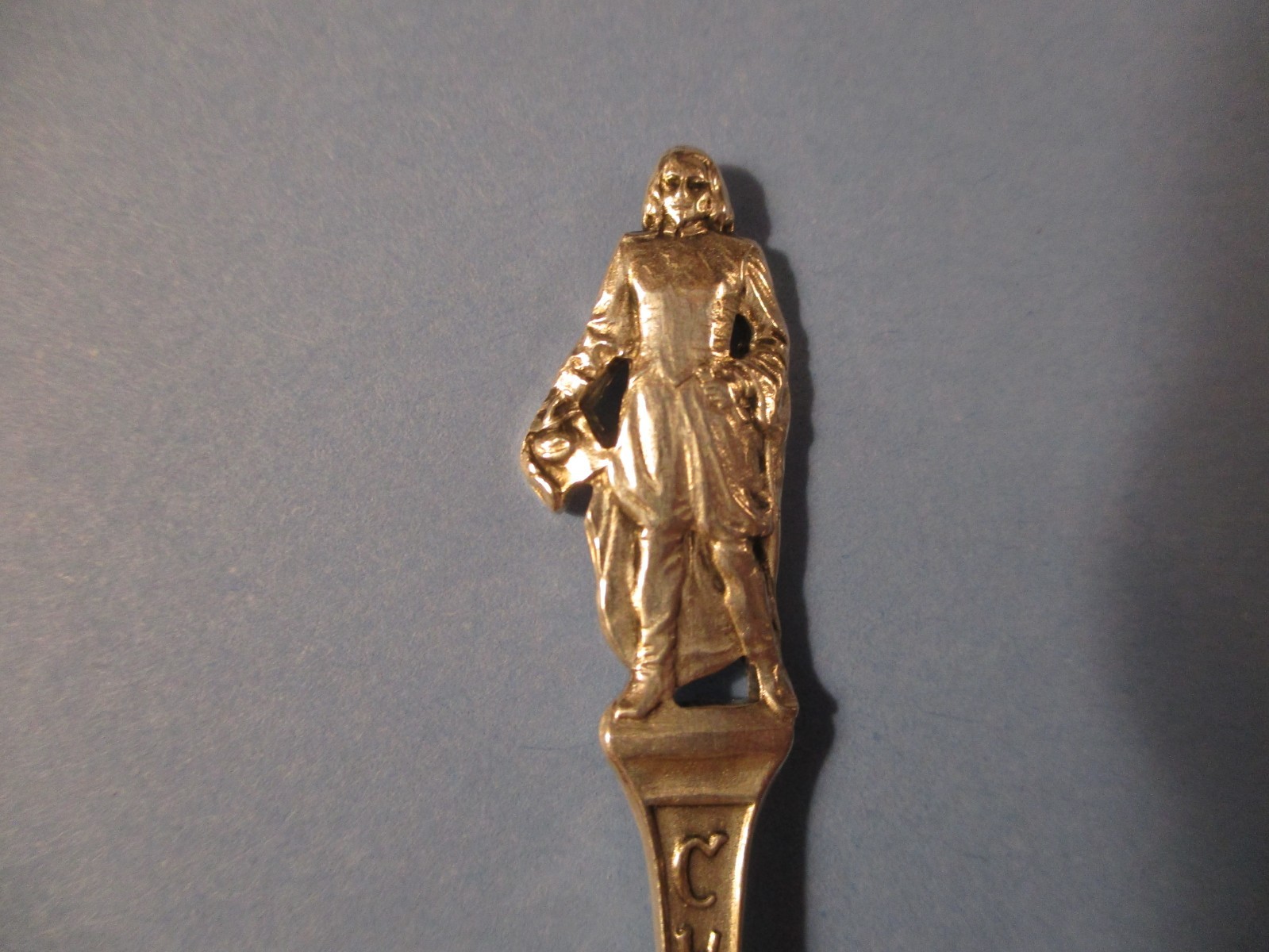 Souvenir spoon, CMS sterling, Champlain 1609, full figure Champlain on handle