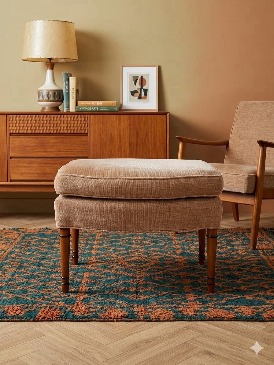 VTG Ethan Allen Style Bow Velvet Ottoman Turned Wood Leg Footstool Bench Rare
