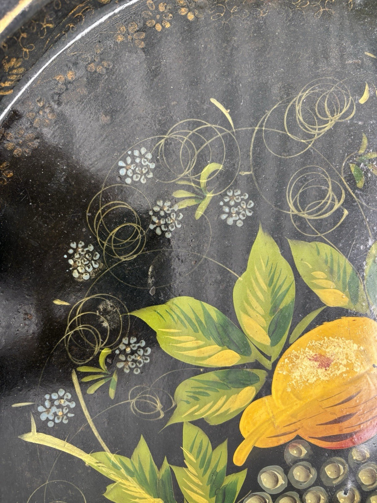 ANTIQUE TOLEWARE TRAY LARGE HANDMADE WITH PEARS GRAPES AMERICAN FOLK ART 19TH C