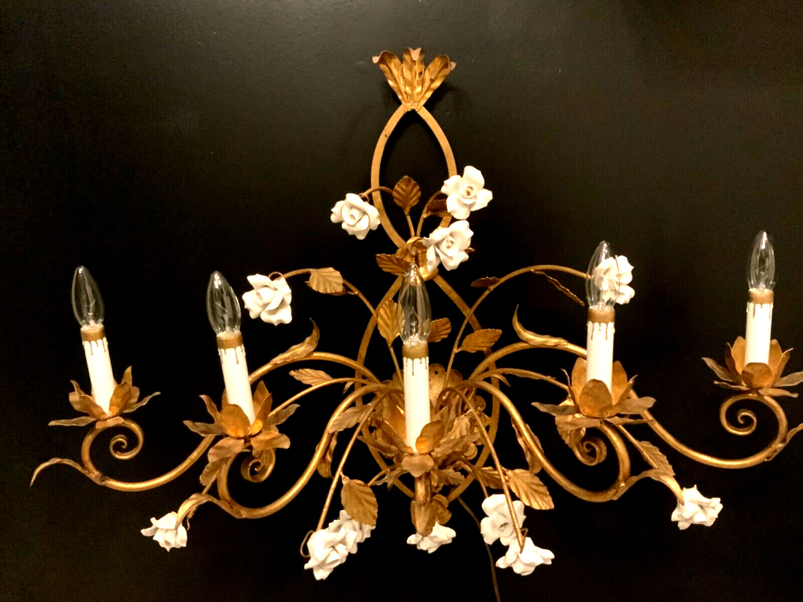 VTG ITALIAN Gold Gilt White PORCELAIN Roses Wall 5 Light SCONCE Stunning Quality